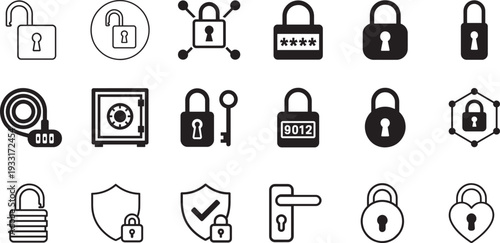 Padlock icon set with security, privacy, protection, and data safety line symbols for digital use.