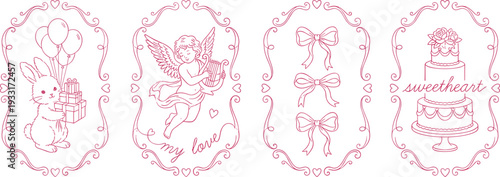 Romantic, valentine, love, greeting, frame, cupid, rabbit, cake, ribbon, balloon, sweetheart, decorative, wedding, illustration, outline, vintage, design, collection, ornate, set