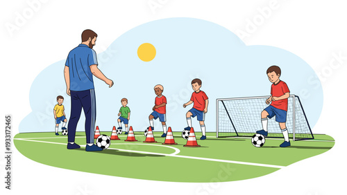 Soccer coach instructing a group of young boys on dribbling techniques around cones on a football field, demonstrating youth sports training and effective coaching.