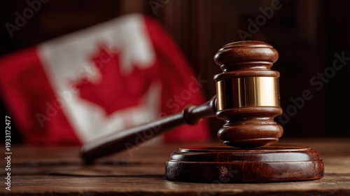 Judicial Proceedings with Canadian Flag in Background Courtroom Setting Legal Gavel and Scale Formal Environment Close-Up View Symbolizing Justice and National Identity