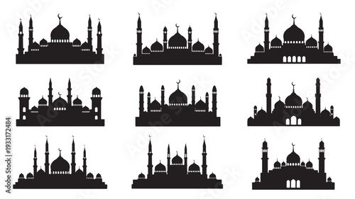 Set of 9 mosque icons vector