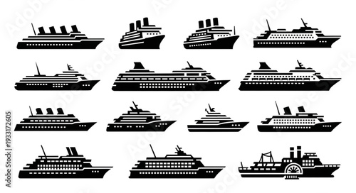 Collection of various cruise ship silhouettes in black and white, perfect for design.