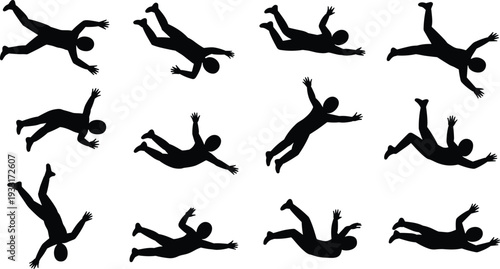 Silhouette skydiving poses, falling figures, freefall motion, human body gestures, dynamic posture illustration, character design, animation reference, gravity concept, black silhouettes