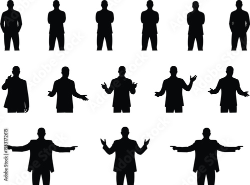 Silhouette people poses, standing gestures, raised arms, extended hands, body language illustration, character design, animation reference, posture study, black silhouettes