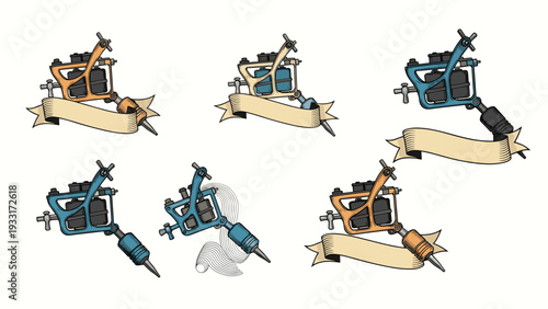 Collection of six vintage-style illustrations of classic tattoo machines with blank banners, depicted in various angles and colors, representing traditional tattoo equipment.