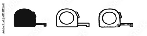 Measuring tape vector icons. Tape measure tools in silhouette, outline, and hand-drawn doodle style.