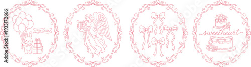 Romantic, vintage, love, greeting, frame, angel, cake, ribbon, balloon, sweetheart, decorative, wedding, valentine, illustration, outline, pastel, design, collection, ornate, set