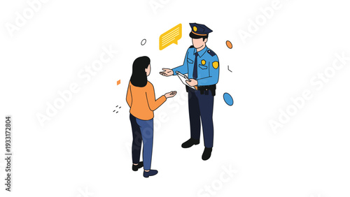 Isometric illustration of a police officer speaking to a woman, representing an interaction with law enforcement, possibly involving a statement or official advice.
