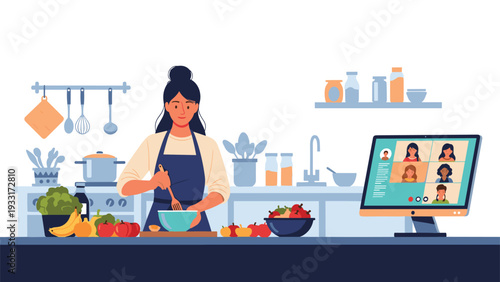 Woman cooking in a modern kitchen, stirring ingredients while participating in a video conference call, illustrating online cooking classes or virtual social gatherings.