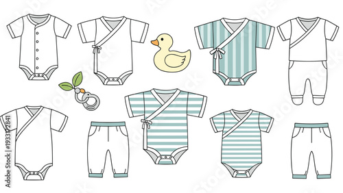 Selection of striped and plain baby bodysuits and trousers in soft green and white tones for an infant wardrobe collection.