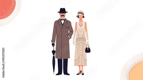 Elegant man and woman dressed in classic 1920s fashion, showcasing period-appropriate clothing, accessories, and distinct historical style.