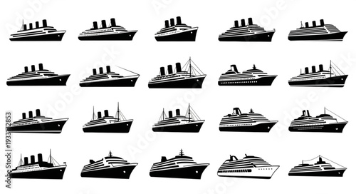 Collection of various cruise ships and ocean liners in black and white silhouette.