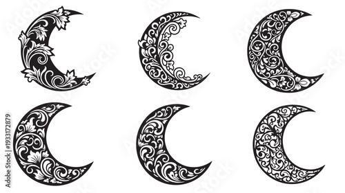 Set of 6 crescent moon icons vector