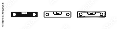 Spirit level vector icons. Bubble level tools in silhouette, outline, and hand-drawn doodle style.