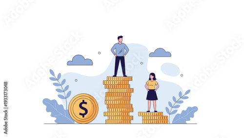 Man standing on a tall stack of coins and a woman on a shorter stack, symbolizing the gender pay gap, income inequality, and wealth disparity in society.