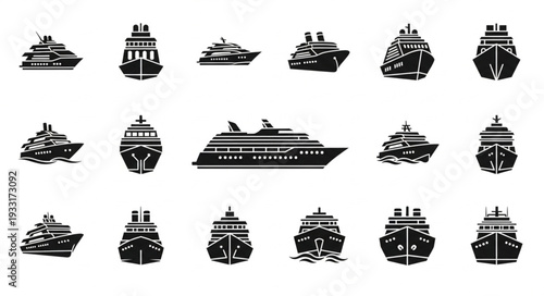 Collection of various cruise ships and vessels in black and white style.