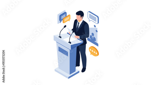 Isometric illustration of a businessman delivering a speech at a podium with microphones, accompanied by speech bubbles and presentation slides, representing a conference or public speaking event.