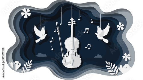 Layered paper-cut illustration featuring a white violin and bow with musical notes, white doves, and flowers against a dark blue cloud background, symbolizing music, peace, and art.