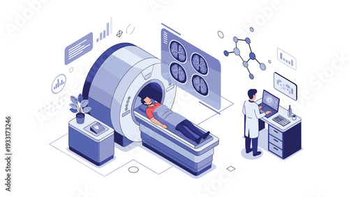 Isometric illustration of a patient undergoing an MRI scan, with a doctor monitoring results on a computer, displaying medical data and molecular structures for advanced diagnostics.