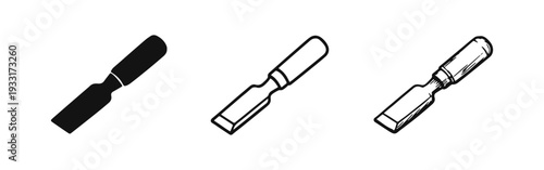 Chisel vector icons. Woodworking and carving tools in silhouette, outline, and hand-drawn doodle style.