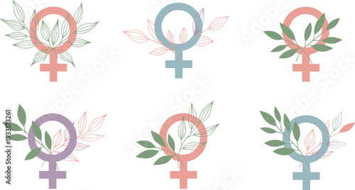 A collection of female gender symbols decorated with green leaves on transparent background