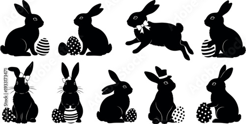 A set of black silhouette rabbits with decorated eggs on transparent background