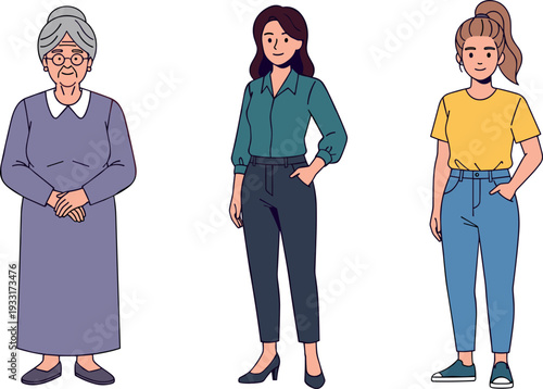 Three women of different ages standing confidently on transparent background