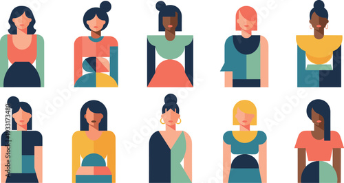 A diverse group of women with varying hairstyles and clothing styles pose together on transparent background