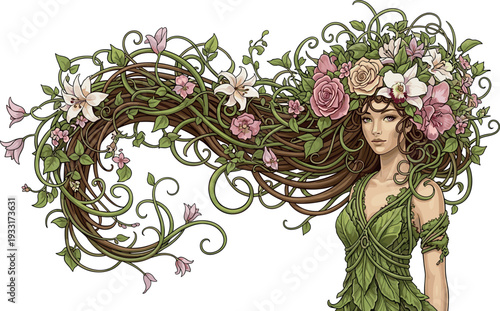 An artistic illustration of a woman with flowing hair intertwined with flowers on transparent background