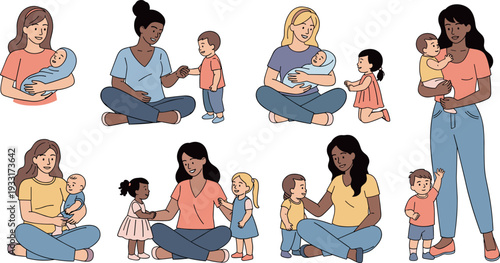 A diverse group of women and children engaging with babies in various nurturing activities on transparent background