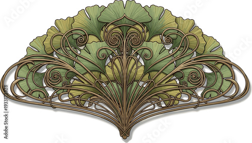 A decorative metal fan with intricate swirling patterns and colorful leaves on transparent background