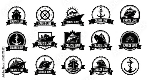 Collection of cruise line logos featuring ships, anchors, and nautical elements.