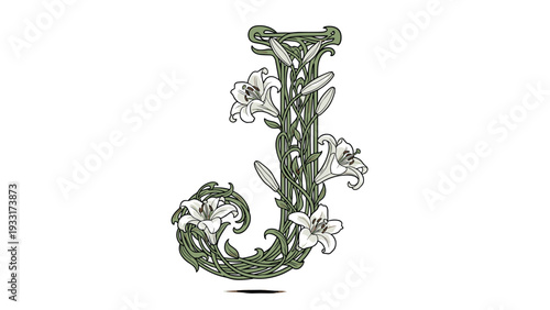 A decorative letter J made from intertwined vines and flowers on transparent background
