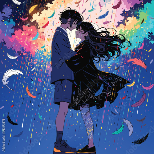 Anime couple embracing under colorful falling feathers and rain