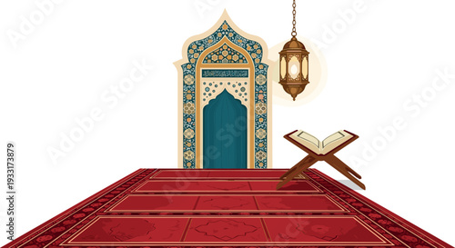 A prayer space with an ornate archway and a Quran on a stand on transparent background
