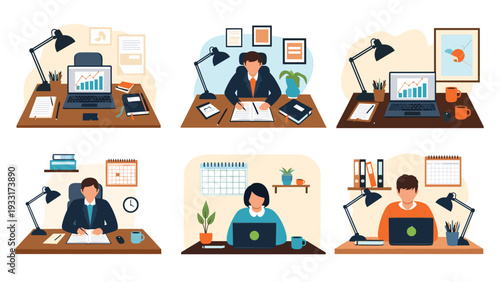 Six scenes featuring diverse individuals working or studying at their desks with laptops and books, depicting remote work, online education, and personal productivity.