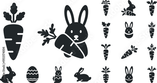 A collection of black and white cartoon rabbits and carrots on transparent background