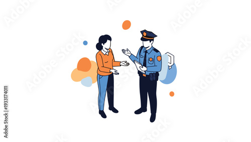 Isometric illustration of a police officer speaking to a woman, representing an interaction with law enforcement, possibly involving a statement or official advice.