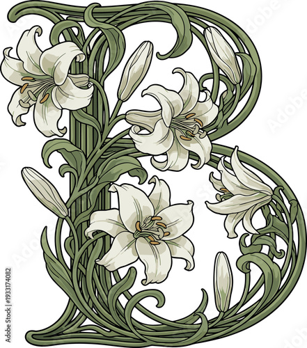 A decorative floral letter B made from intertwined white lilies and green vines on transparent background