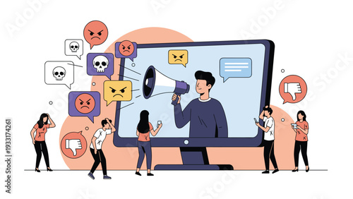 Man on a computer screen shouting into a megaphone, surrounded by people with smartphones and angry emojis, symbolizing cyberbullying, hate speech, and online harassment.