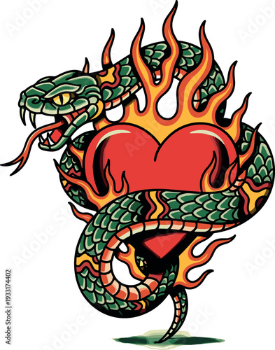 A colorful tattoo design of a traditional dragon intertwined with a fiery heart on transparent background