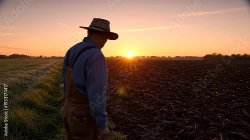 Elderly male farmer in a hat and overalls inspects his freshly tilled soil at dawn. Composite sequence showing a man contemplating his work in the american heartland
