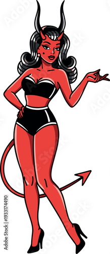A cartoon demon woman with red skin curly black hair and black devil horns on transparent background