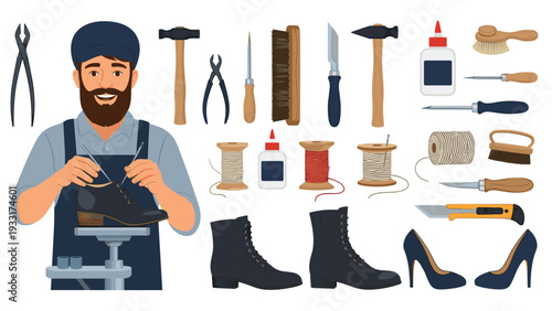 Skilled shoemaker meticulously works on repairing a boot, surrounded by an assortment of traditional tools and various types of footwear in his workshop.