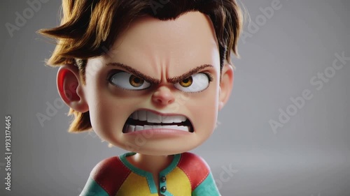 An angry cartoon character with furrowed brow and clenched teeth, depicting frustration and aggression in a 3D animated scene