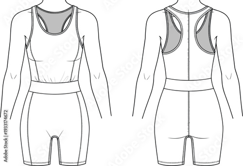 Women athletic romper bodysuit vector illustration, front and back view, sleeveless sportswear design, fitted gym outfit technical fashion sketch template
