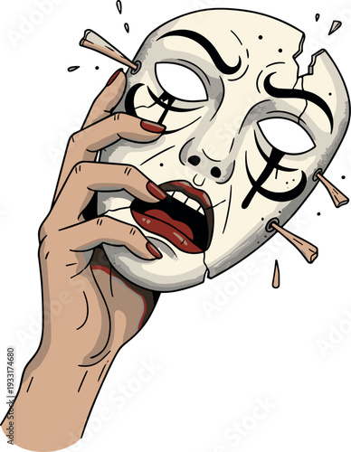 A woman is holding a broken theatrical mask in front of her face on transparent background
