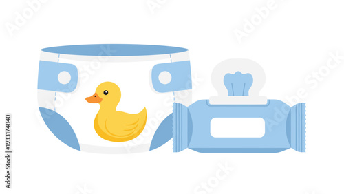 Set of blue themed baby hygiene essentials including a disposable diaper with a duck print and a container of wet wipes.