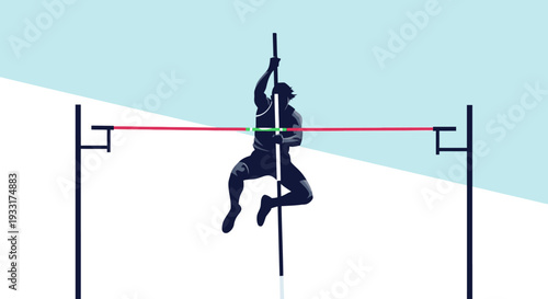 Athlete in silhouette performing pole vault above bar against blue background
