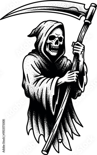 A Grim Reaper figure holding a scythe on transparent background